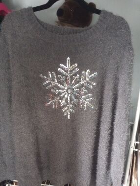Avon Gray Sequin Snowflake Crewneck Sweater